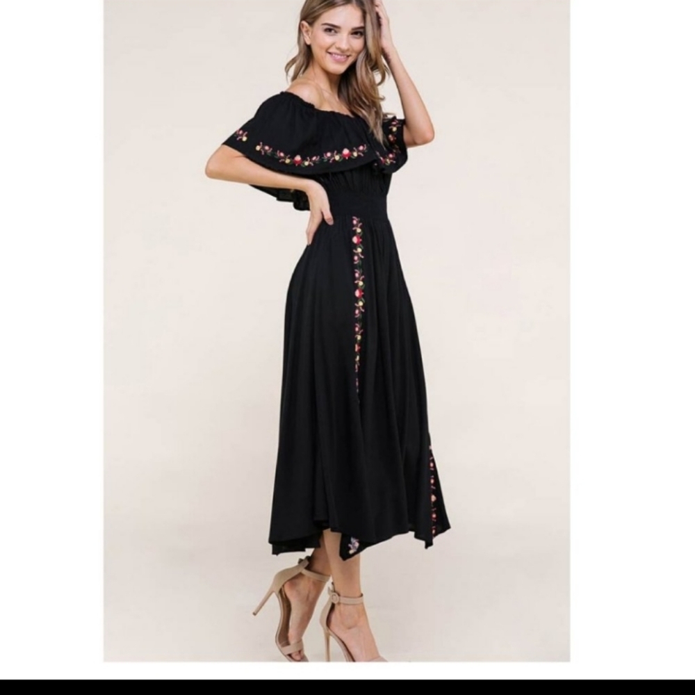 Embroidered Off Shoulder Midi Dress - Picture 1 of 11
